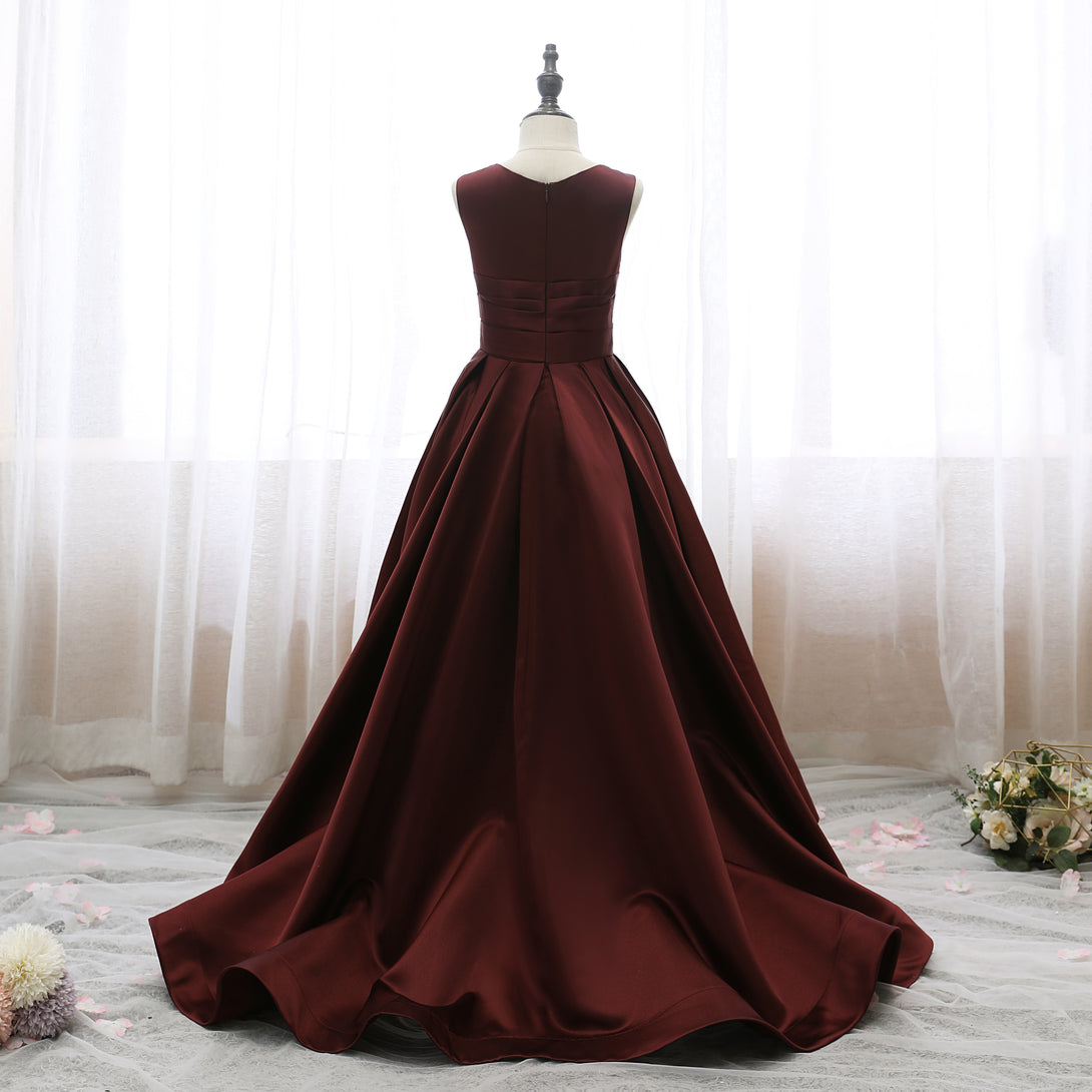 Boat Neck Sleeveless Floor-Length Asymmetrical Satin Girls Birthday Dresses With Pleated Gidiondress