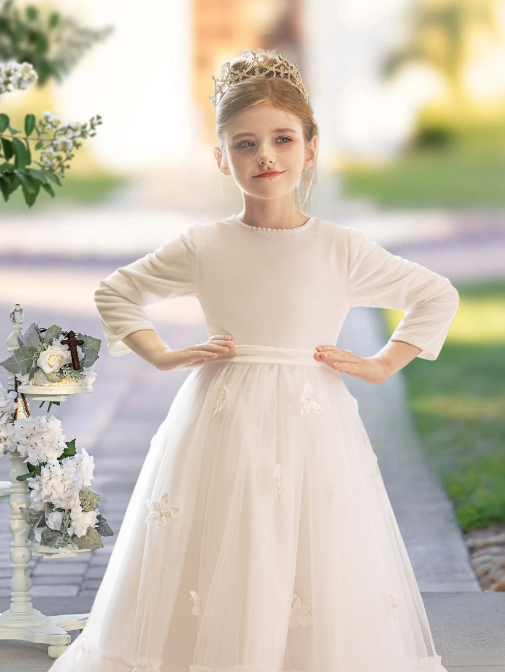 Long Sleeve Floor-Length Satin/Tulle First Communion Dresses With Ruffled Hem/Bow/Beads/3D Flower Girls Gidiondress Ivory 12M