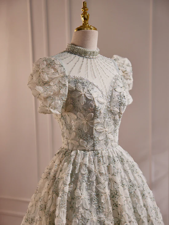 Unique Hight Neck Tulle Lace Tea Length Prom Dress, Light Green Formal Dress BabaMila
