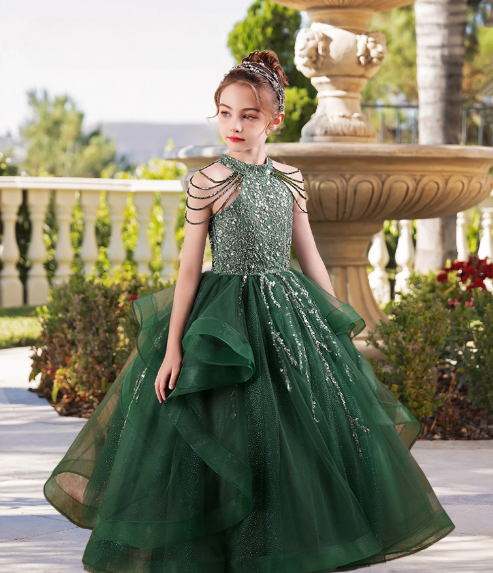 Elegant Halter Cold Shoulder Floor-Length Sequins/Tulle Girls Birthday Dresses With Beads Gidiondress