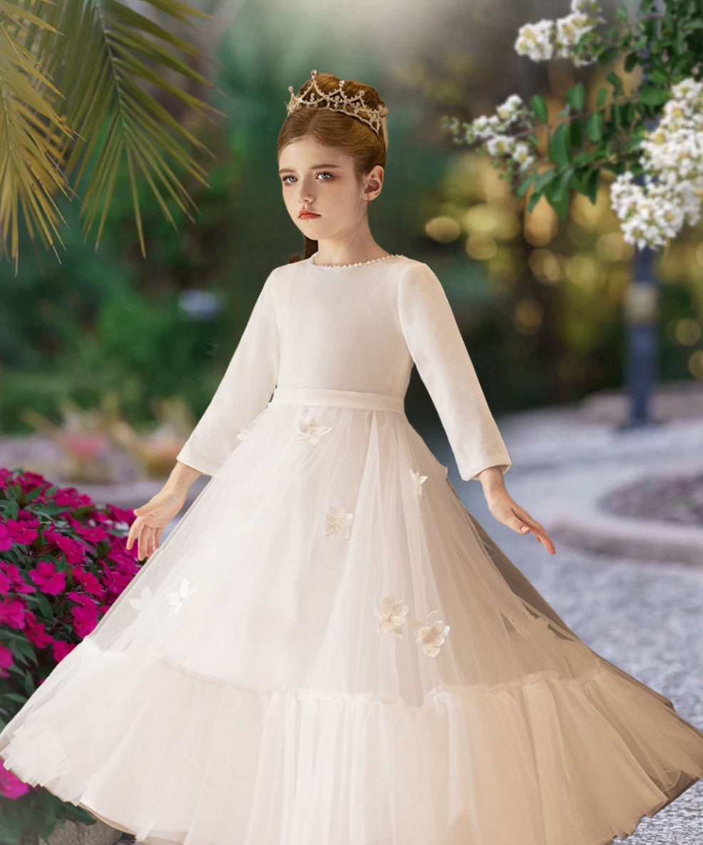 Long Sleeve Floor-Length Satin/Tulle First Communion Dresses With Ruffled Hem/Bow/Beads/3D Flower Girls Gidiondress