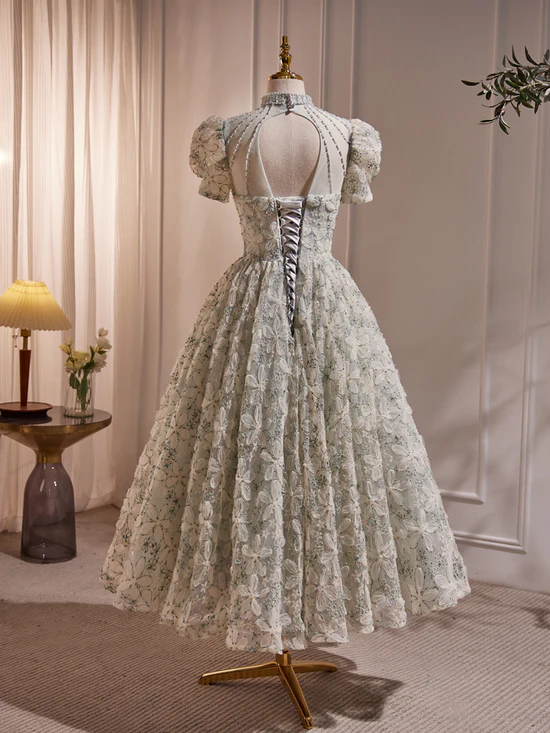 Unique Hight Neck Tulle Lace Tea Length Prom Dress, Light Green Formal Dress BabaMila