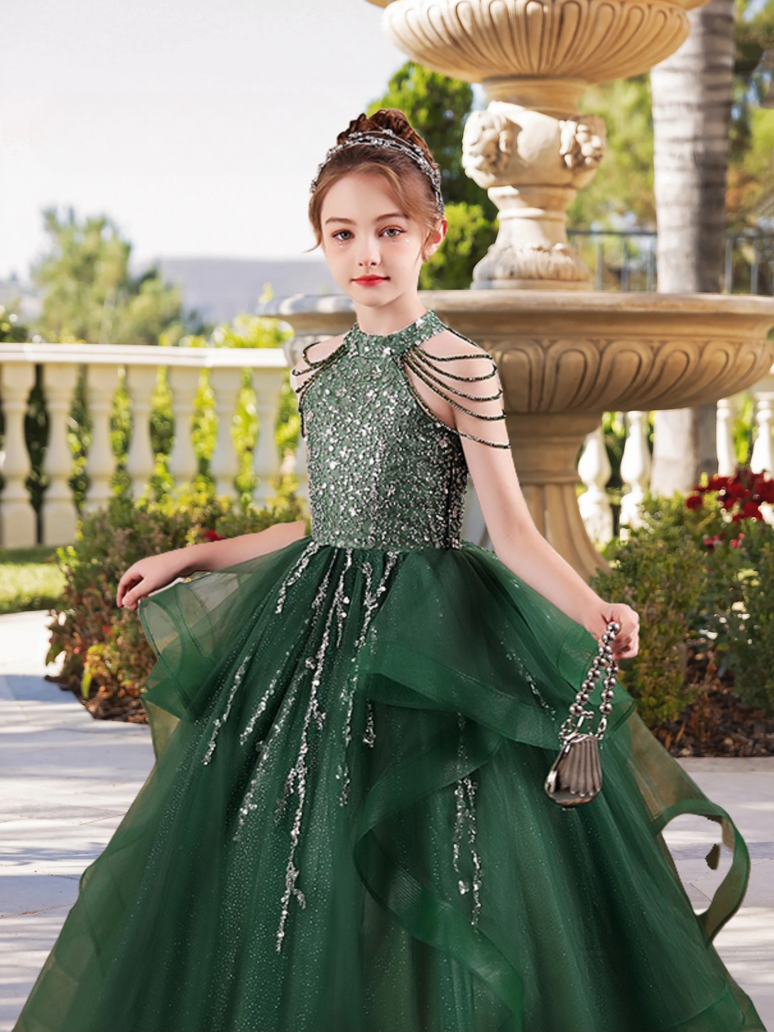 Elegant Halter Cold Shoulder Floor-Length Sequins/Tulle Girls Birthday Dresses With Beads Gidiondress