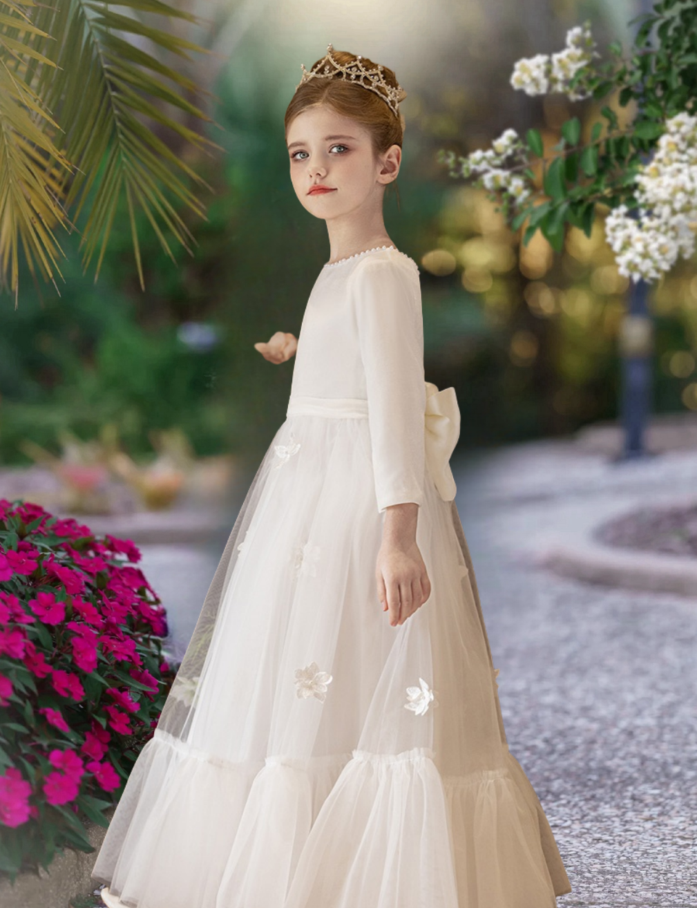 Long Sleeve Floor-Length Satin/Tulle First Communion Dresses With Ruffled Hem/Bow/Beads/3D Flower Girls Gidiondress