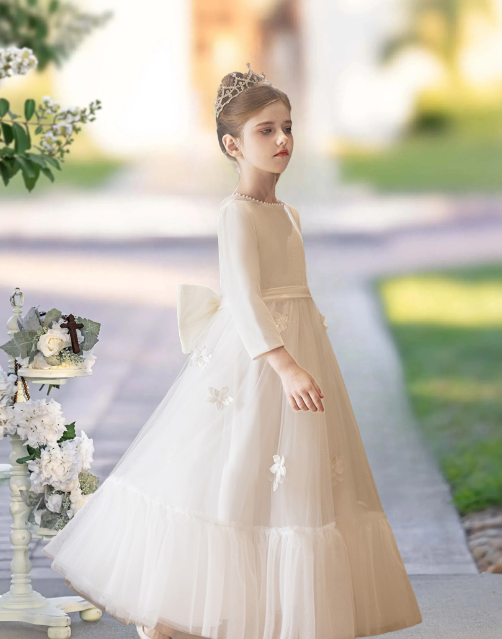 Long Sleeve Floor-Length Satin/Tulle First Communion Dresses With Ruffled Hem/Bow/Beads/3D Flower Girls Gidiondress