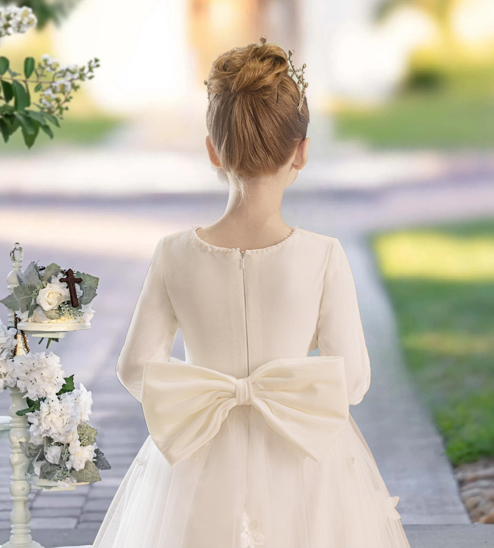 Long Sleeve Floor-Length Satin/Tulle First Communion Dresses With Ruffled Hem/Bow/Beads/3D Flower Girls Gidiondress