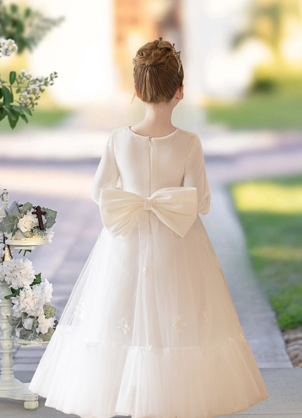 Long Sleeve Floor-Length Satin/Tulle First Communion Dresses With Ruffled Hem/Bow/Beads/3D Flower Girls Gidiondress
