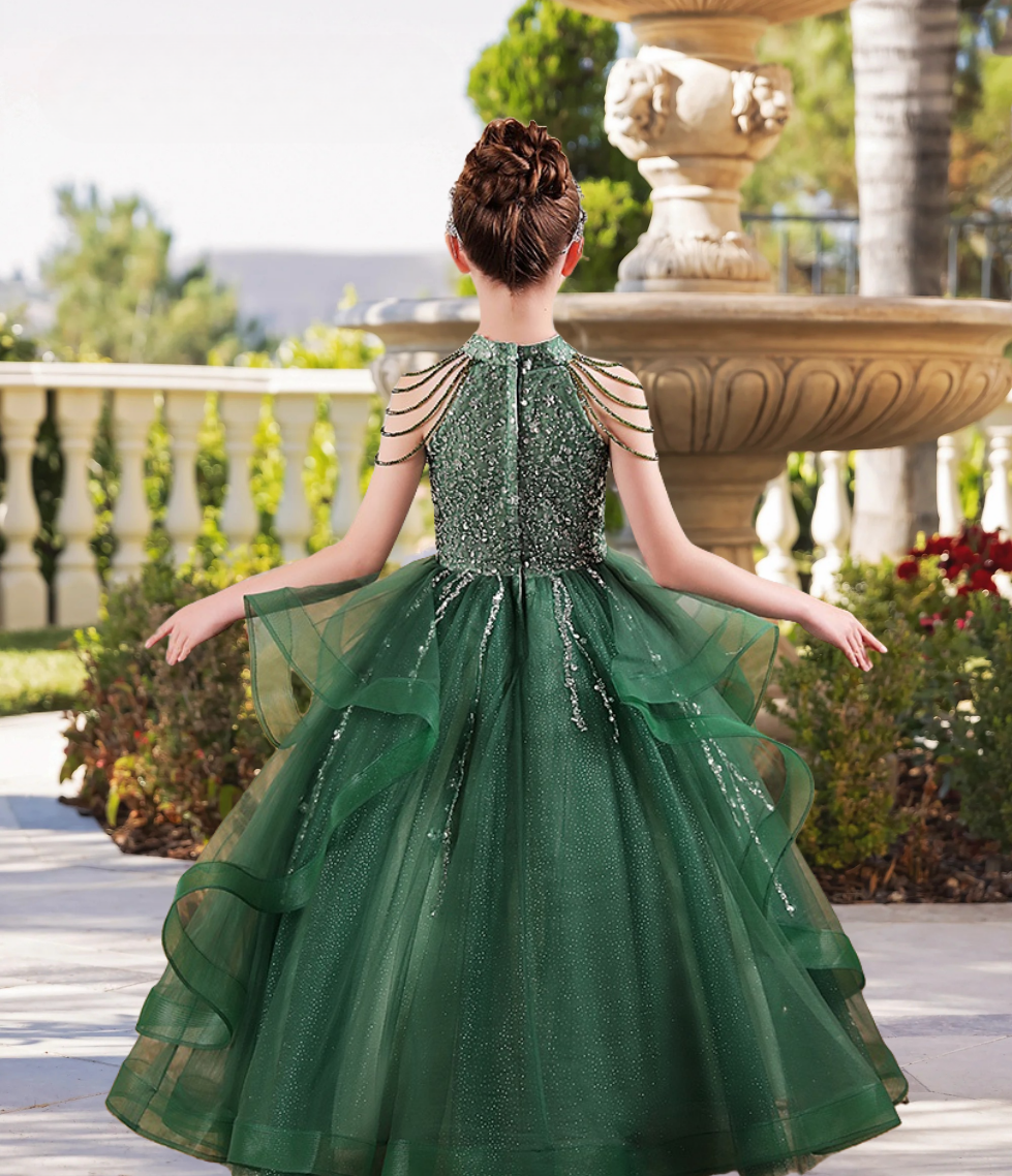 Elegant Halter Cold Shoulder Floor-Length Sequins/Tulle Girls Birthday Dresses With Beads Gidiondress