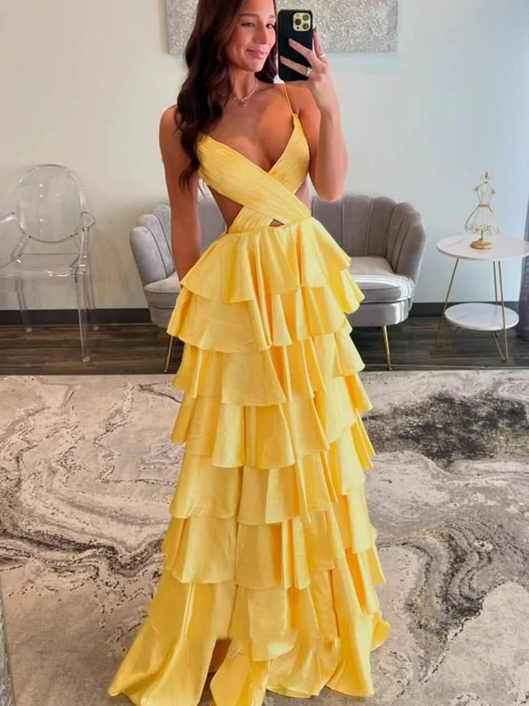 A Line V Neck Yellow Red Open Back Long Prom Dresses, V Neck Red Yellow Backles Formal Evening Dresses BabaMila