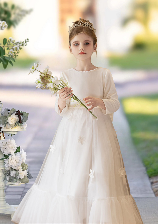 Long Sleeve Floor-Length Satin/Tulle First Communion Dresses With Ruffled Hem/Bow/Beads/3D Flower Girls Gidiondress