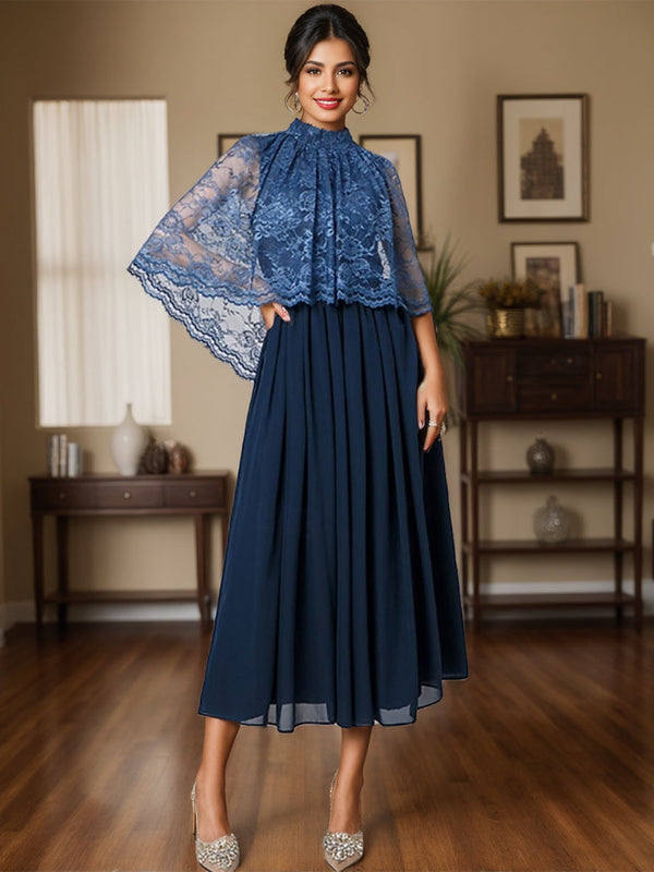 A-Line High Neck Chiffon Tea-Length Mother Of The Bride & Groom Dresses With Lace Appliques BabaMila