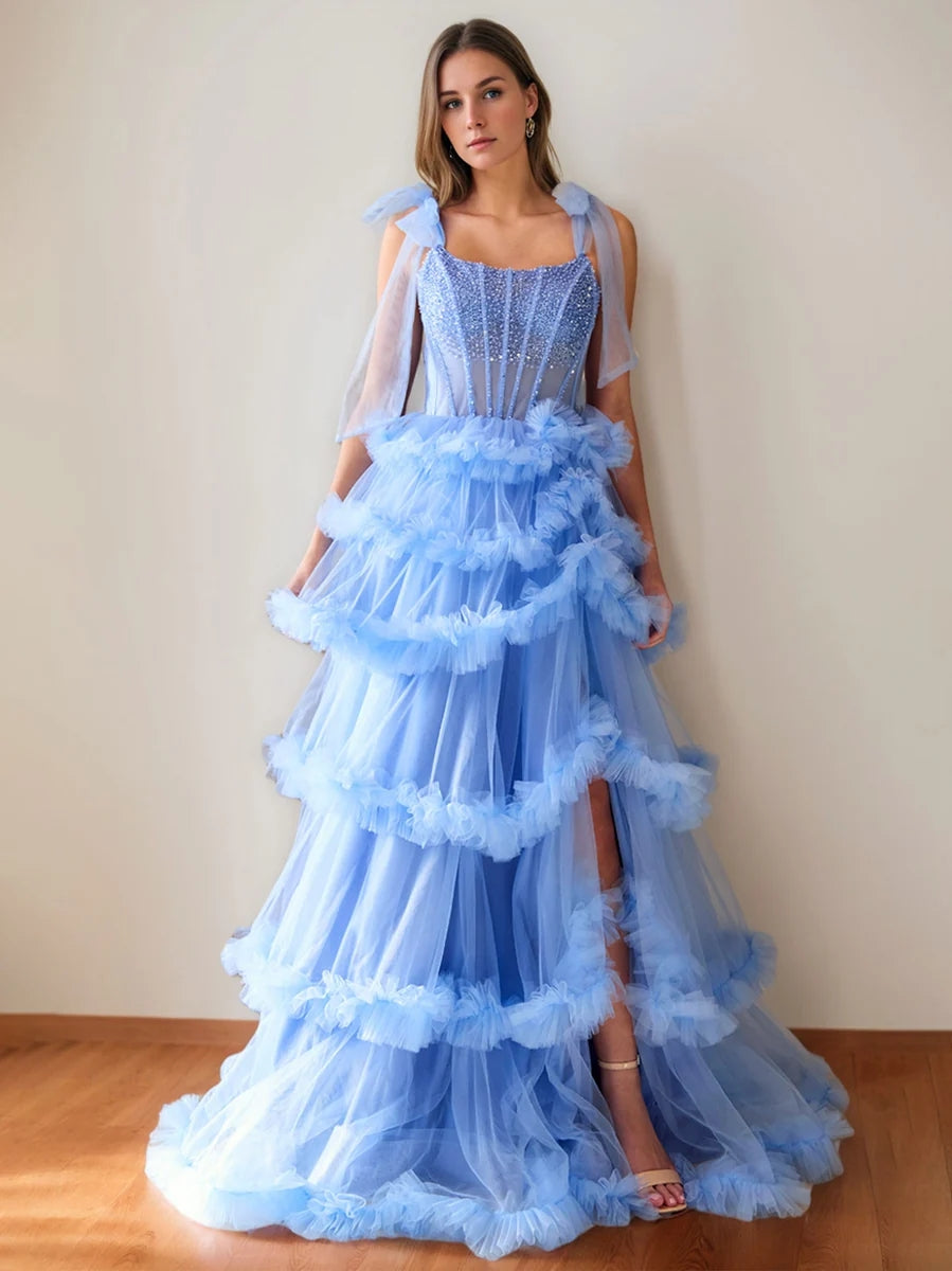 A-Line/Princess Cowl Neck Sleeveless Floor-Length Luxurious Prom Dresses with Crystal & Pleats BabaMila