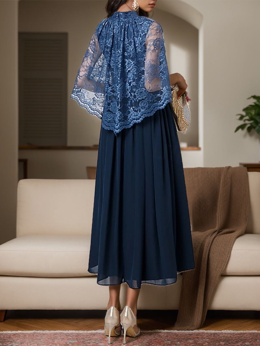 A-Line High Neck Chiffon Tea-Length Mother Of The Bride & Groom Dresses With Lace Appliques BabaMila