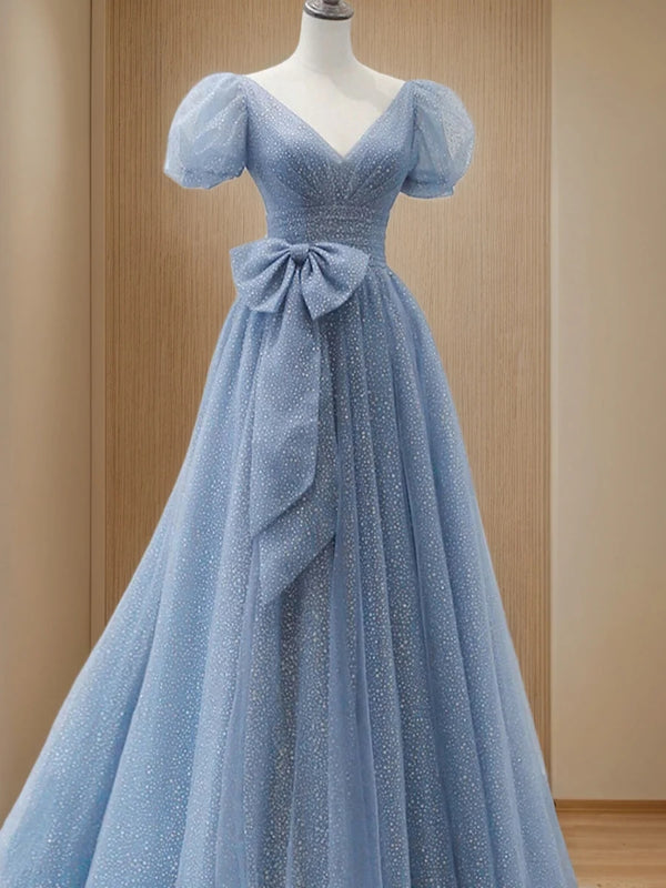 A-Line/Princess V-Neck Short Sleeves Floor Length Elegant Prom Dresses with Bow Belt BabaMila