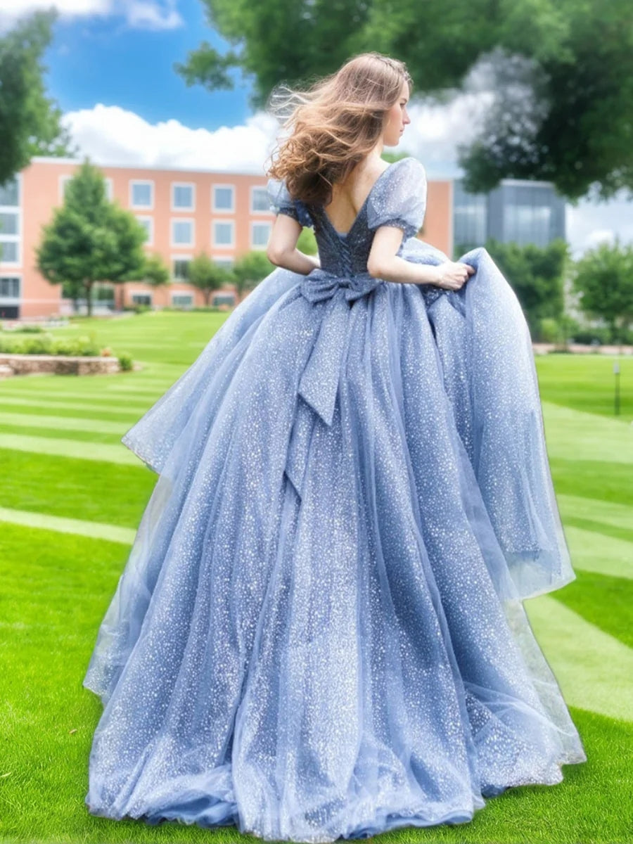 A-Line/Princess V-Neck Short Sleeves Floor Length Elegant Prom Dresses with Bow Belt BabaMila