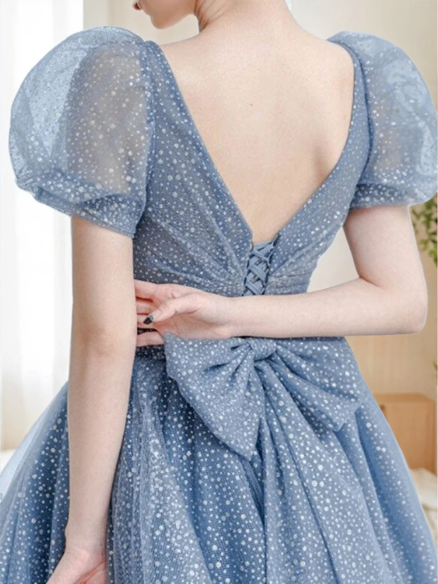 A-Line/Princess V-Neck Short Sleeves Floor Length Elegant Prom Dresses with Bow Belt BabaMila