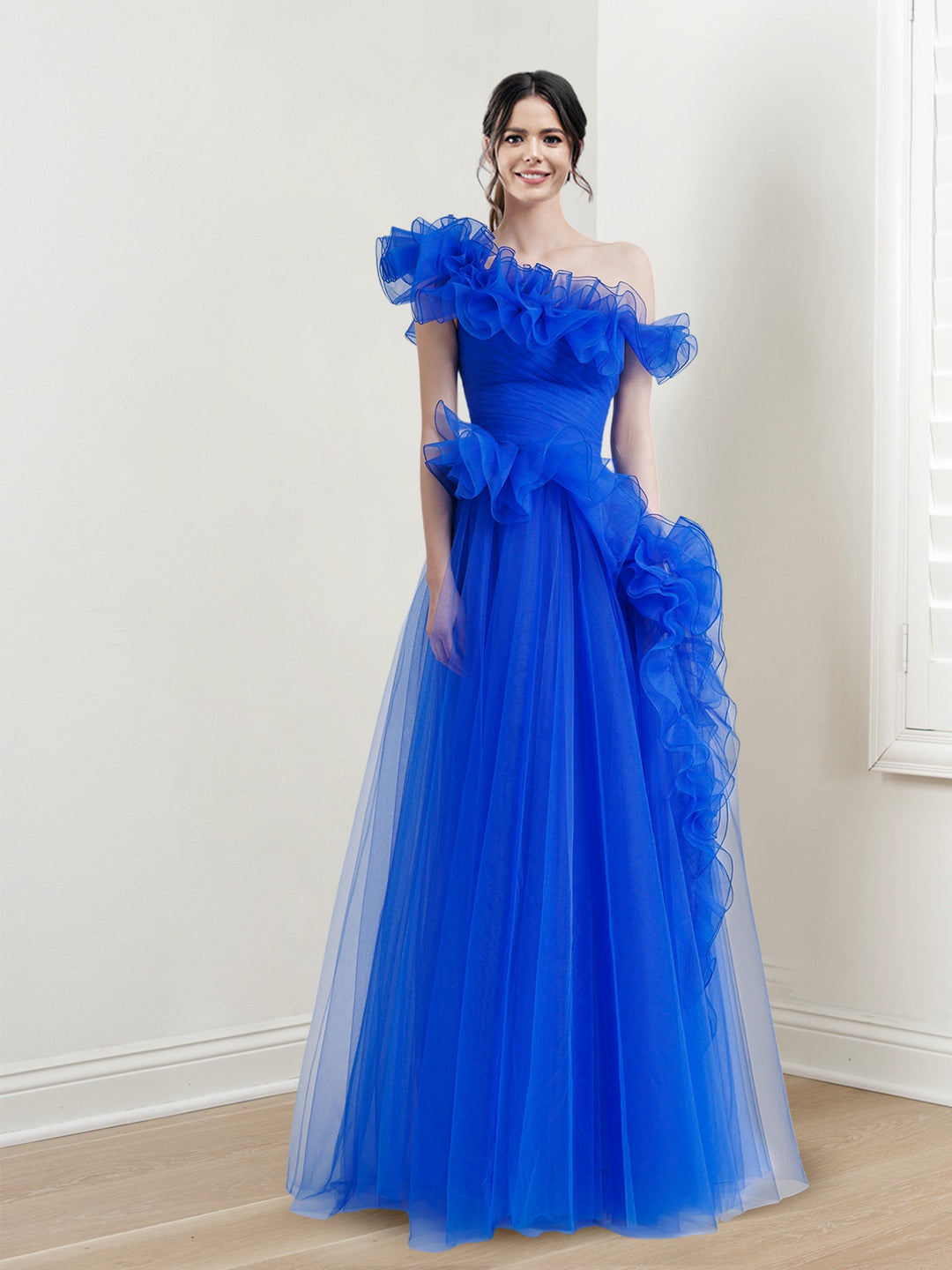 A-Line/Princess One-Shoulder Sleeveless Floor-length Long Prom Dresses Whit Ruffles BabaMila