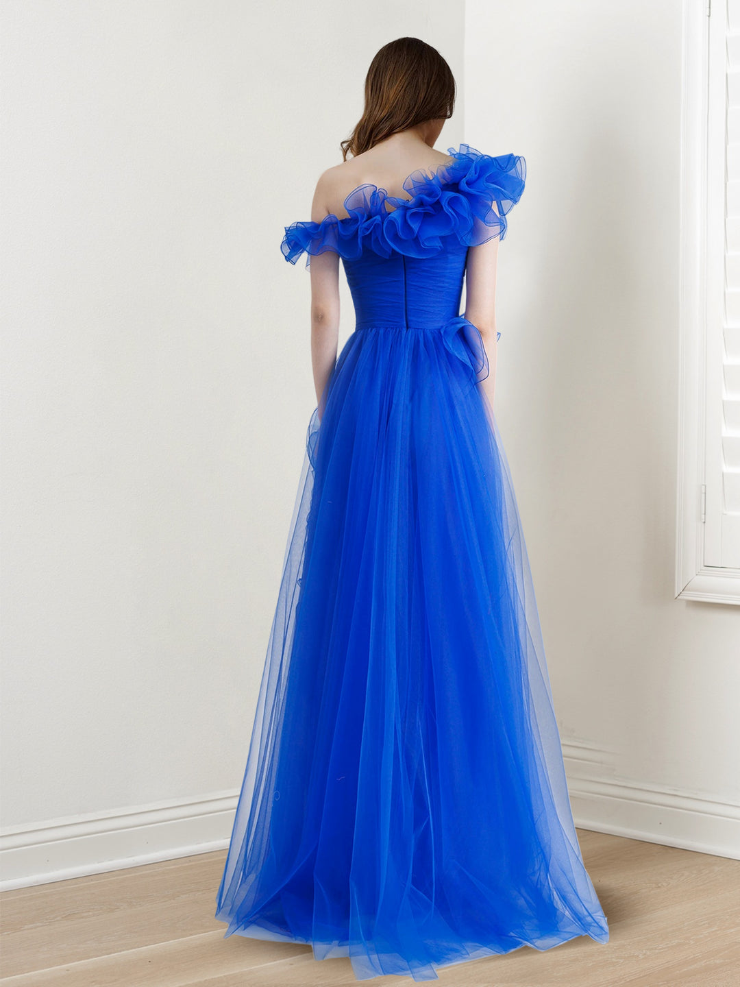 A-Line/Princess One-Shoulder Sleeveless Floor-length Long Prom Dresses Whit Ruffles BabaMila