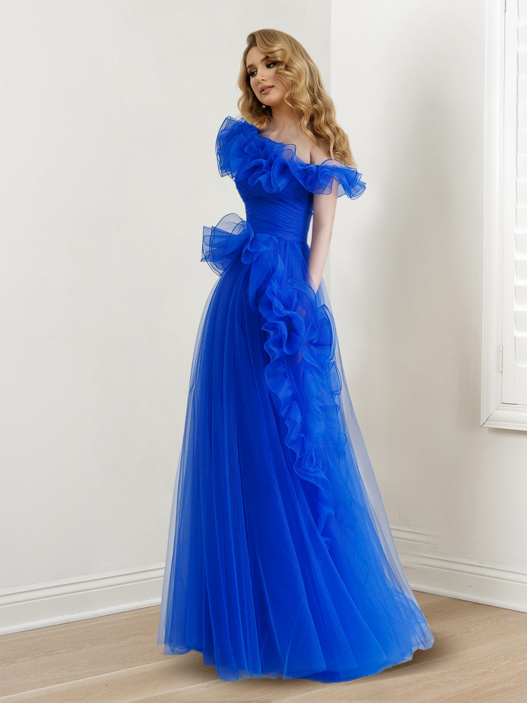 A-Line/Princess One-Shoulder Sleeveless Floor-length Long Prom Dresses Whit Ruffles BabaMila