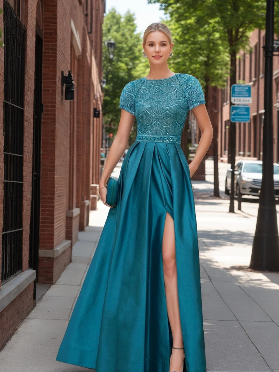 A-Line/Princess Scoop Short Sleeves Evening Dresses with Split Side & Sequins BabaMila