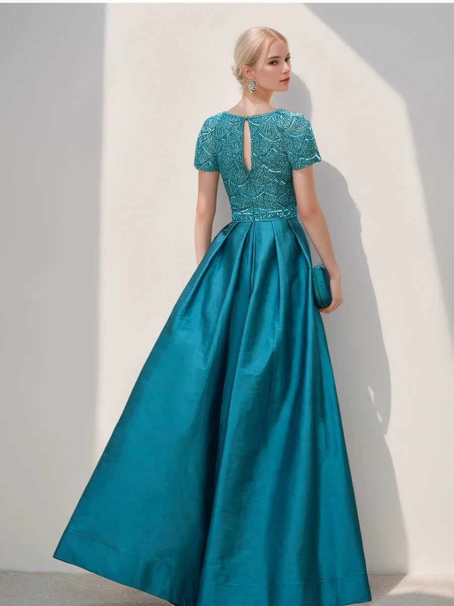 A-Line/Princess Scoop Short Sleeves Evening Dresses with Split Side & Sequins BabaMila