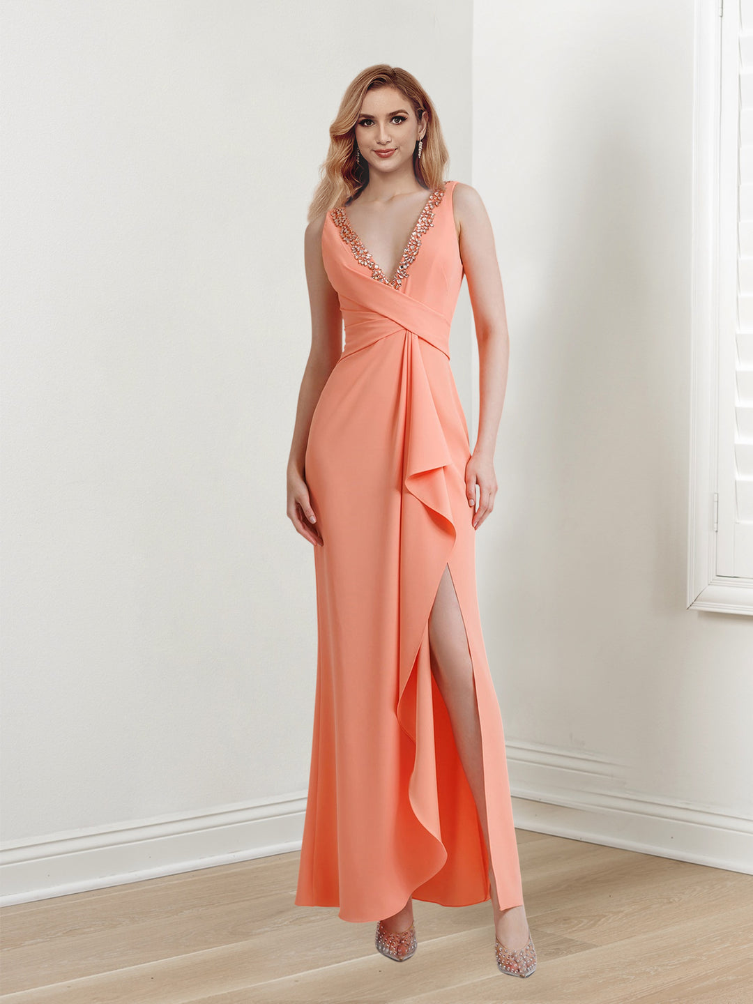 Sheath/Column V-Neck Sleeveless Floor-Length Long Evening Dresses with Split Side/Beads BabaMila