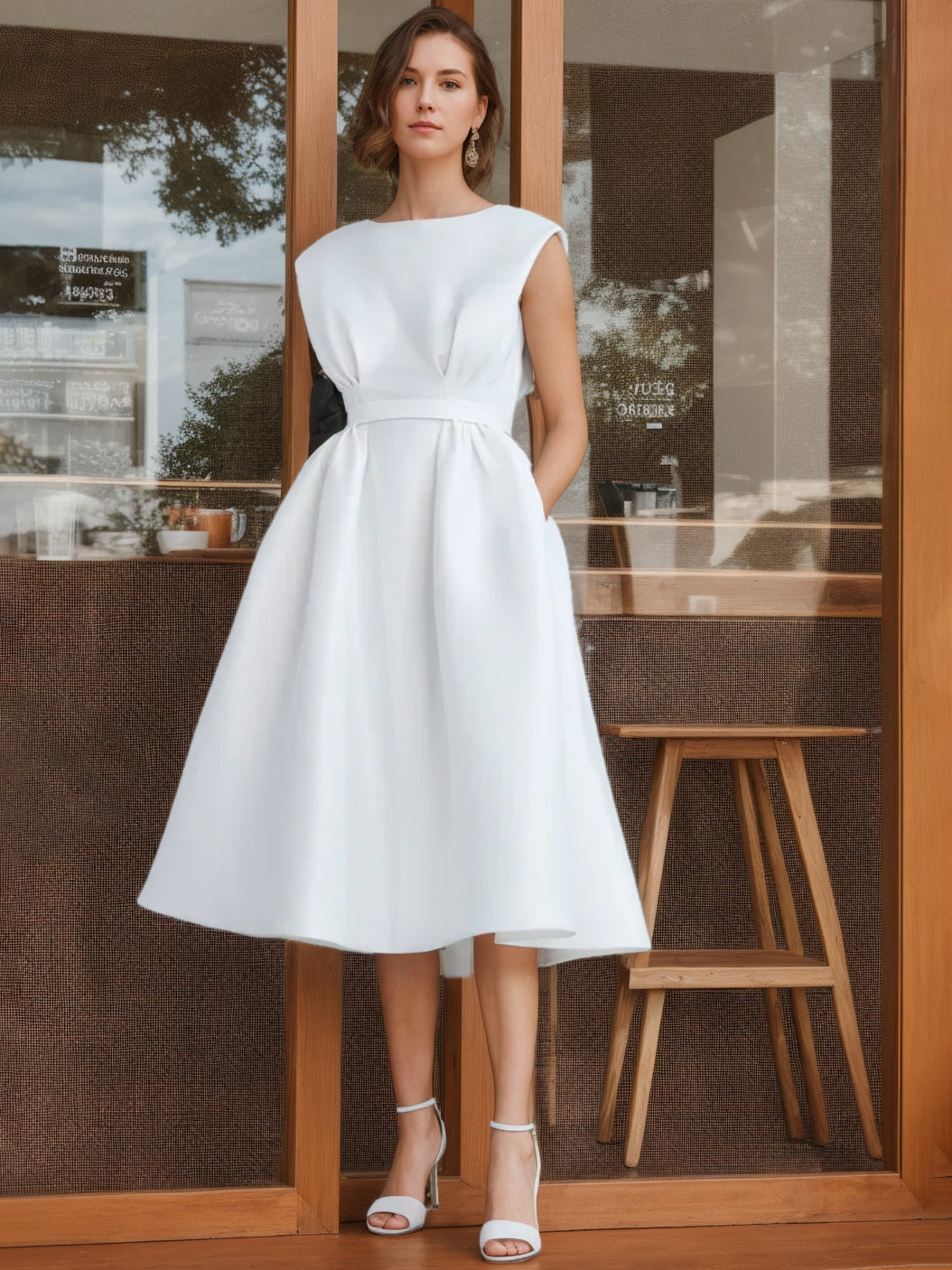 A-Line/Princess Scoop Sleeveless Tea Length Wedding Dress With Ruffles BabaMila