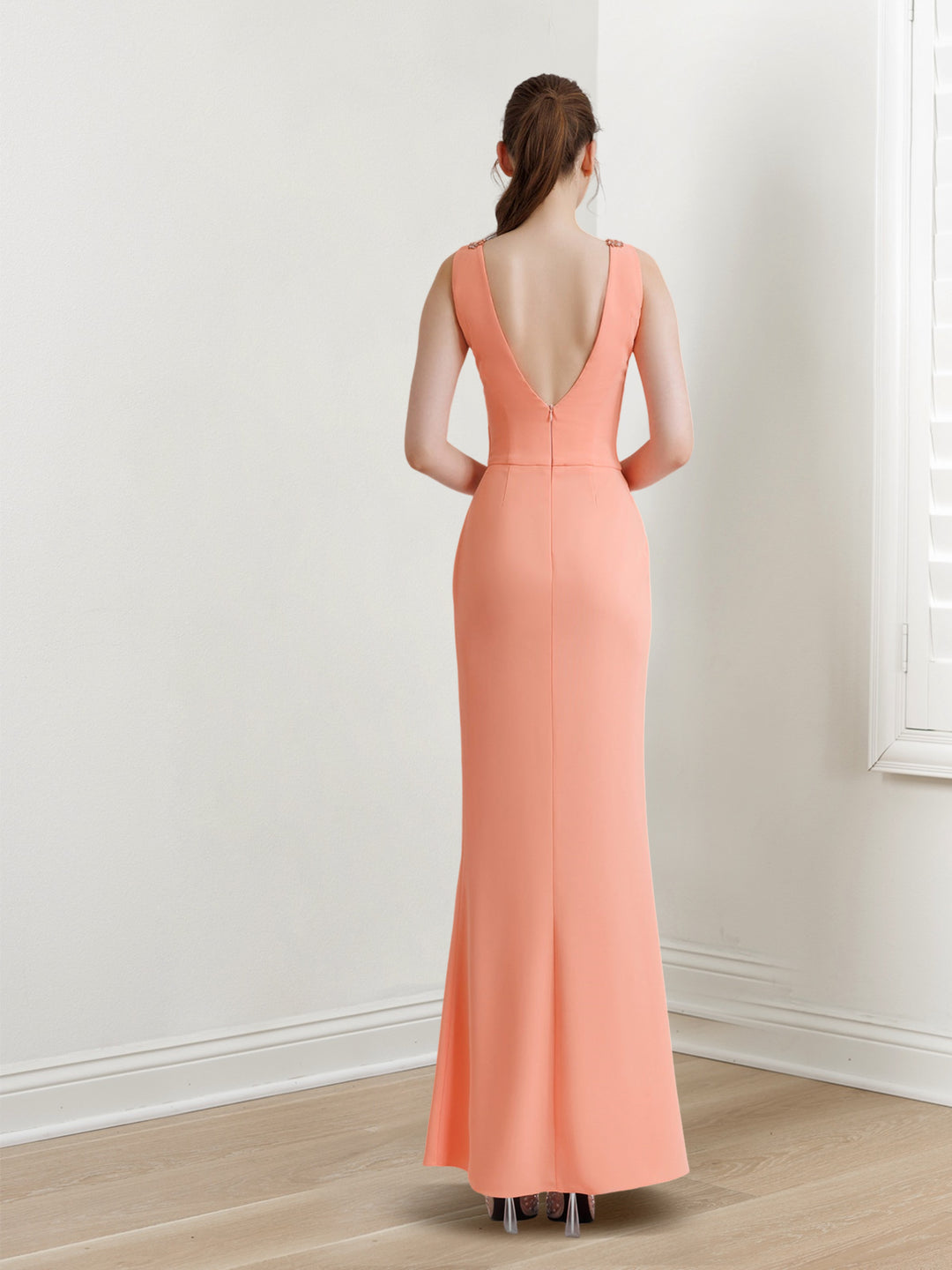 Sheath/Column V-Neck Sleeveless Floor-Length Long Evening Dresses with Split Side/Beads BabaMila