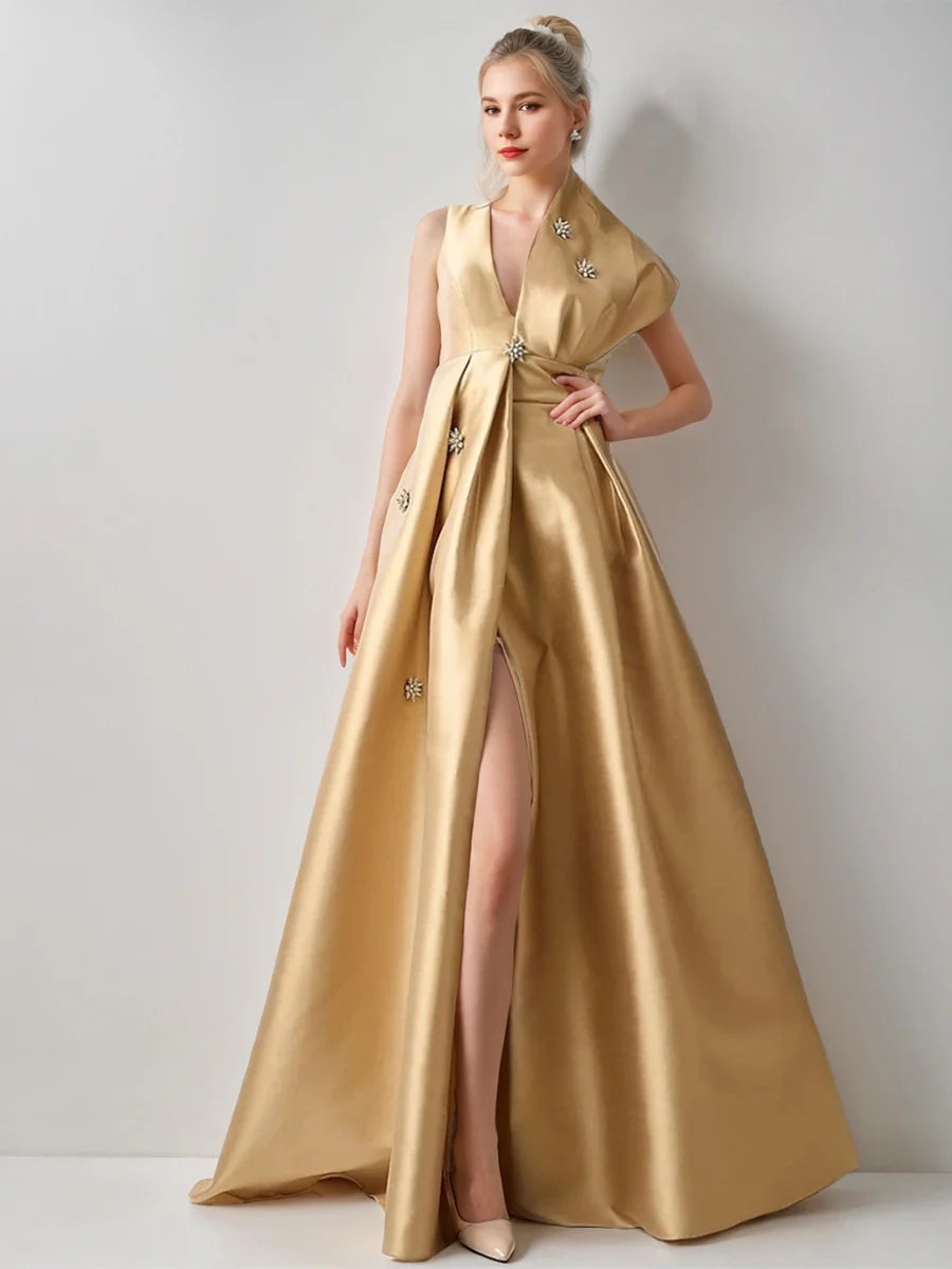 A-Line/Princess V-Neck Sleeveless High-End Evening Dresses with High Split & Beadings & Pocket BabaMila