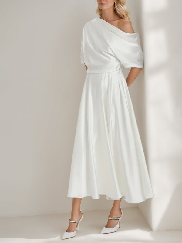A-Line/Princess One-Shoulder Half Sleeves Ankle Length Wedding Dress With Ruffles BabaMila