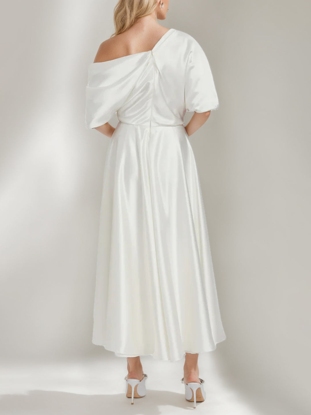 A-Line/Princess One-Shoulder Half Sleeves Ankle Length Wedding Dress With Ruffles BabaMila