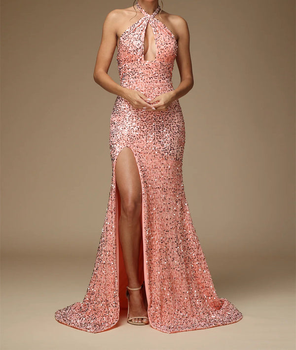 Sheath/Column Halter Floor-Length Long Formal Prom Dresses With Sequins/Split Side BabaMila
