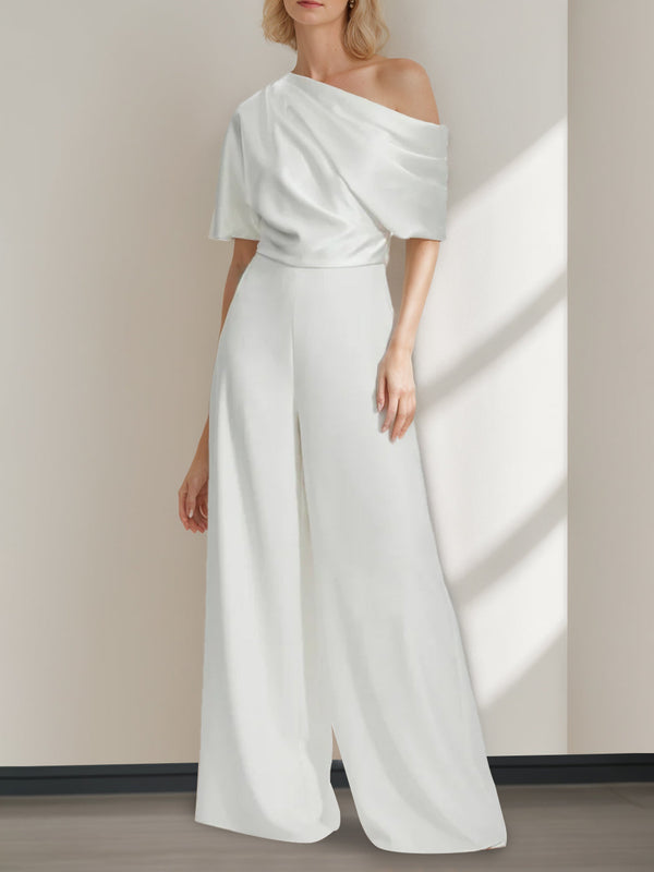 A-Line/Princess One-Shoulder Half Sleeves Floor Length Wedding Pantsuits With Ruffles BabaMila