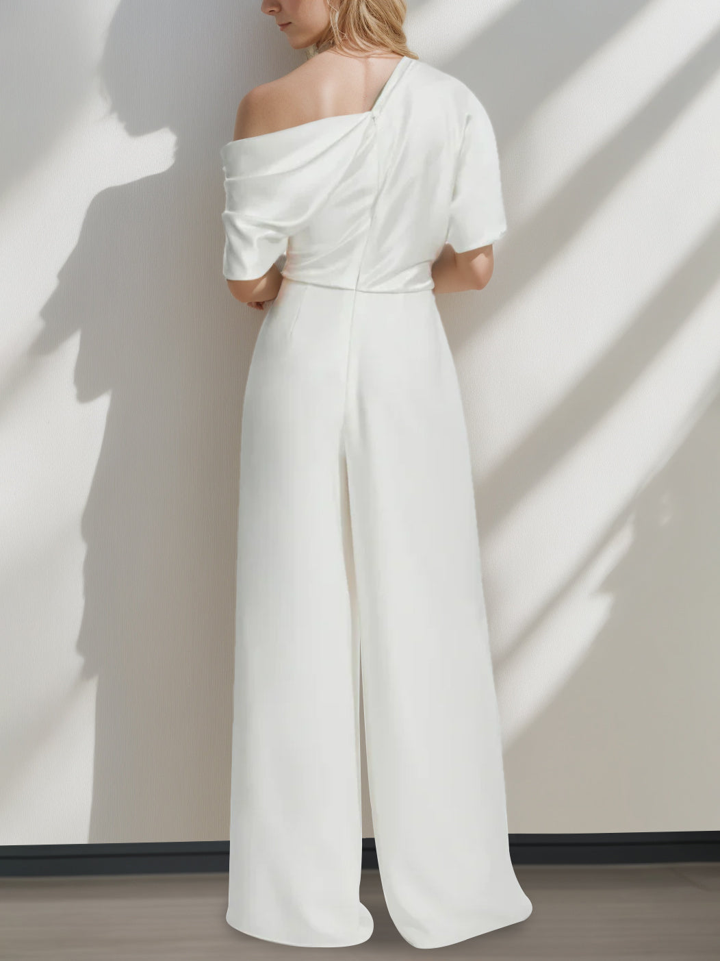 A-Line/Princess One-Shoulder Half Sleeves Floor Length Wedding Pantsuits With Ruffles BabaMila