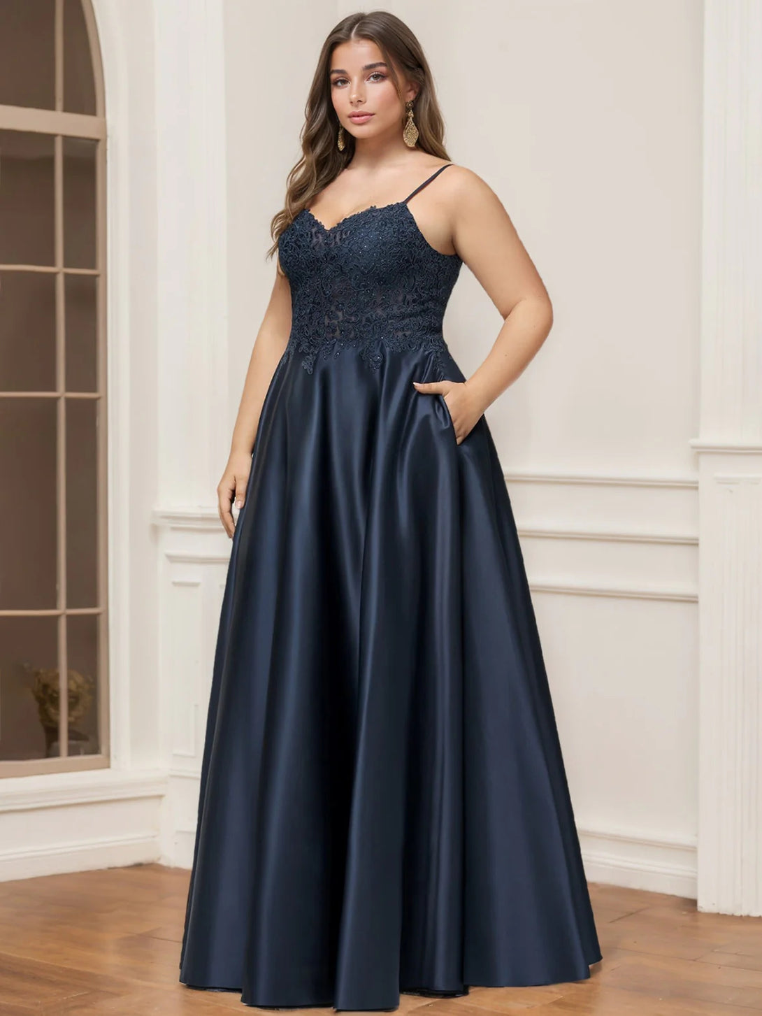 A-Line/Princess V-Neck Spaghetti Straps Sleeveless Floor-Length Plus Size Lace Satin Prom Dresses With Rhinestone BabaMila