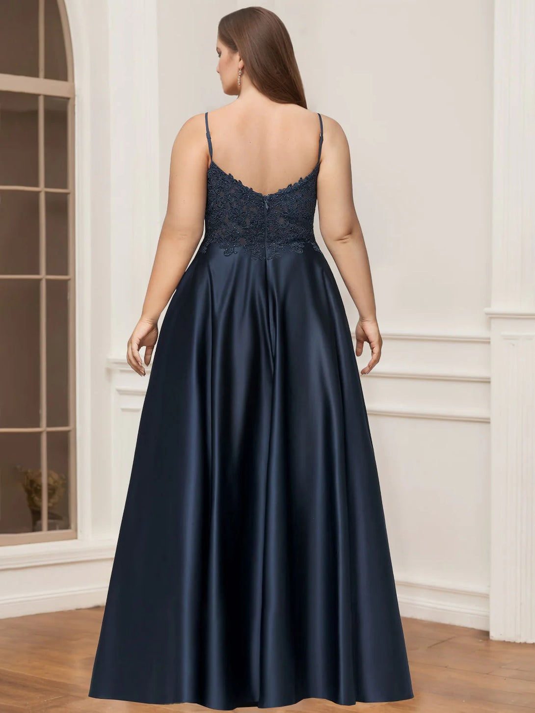 A-Line/Princess V-Neck Spaghetti Straps Sleeveless Floor-Length Plus Size Lace Satin Prom Dresses With Rhinestone BabaMila