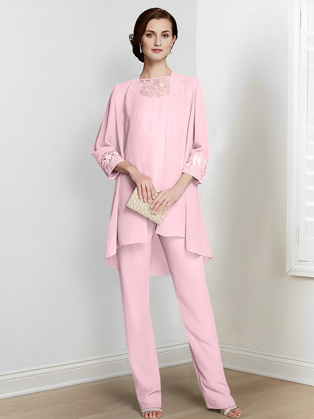 Chiffon Square Neck Long Sleeves Floor-Length Mother Of The Bride Pantsuits With Jacket BabaMila