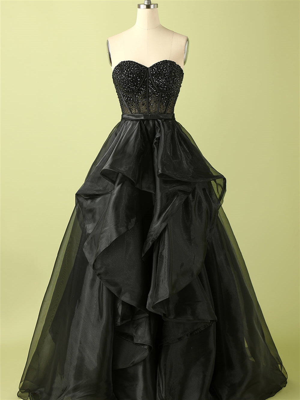 Ball-Gown Strapless Organza Floor-Length Beaded Evening Dress With Beads /Cascading Ruffles BabaMila