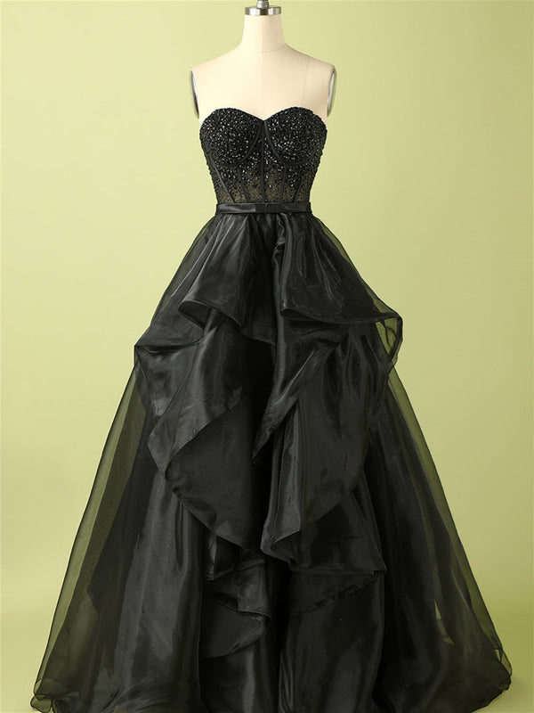 Ball-Gown Strapless Organza Floor-Length Beaded Evening Dress With Beads /Cascading Ruffles BabaMila