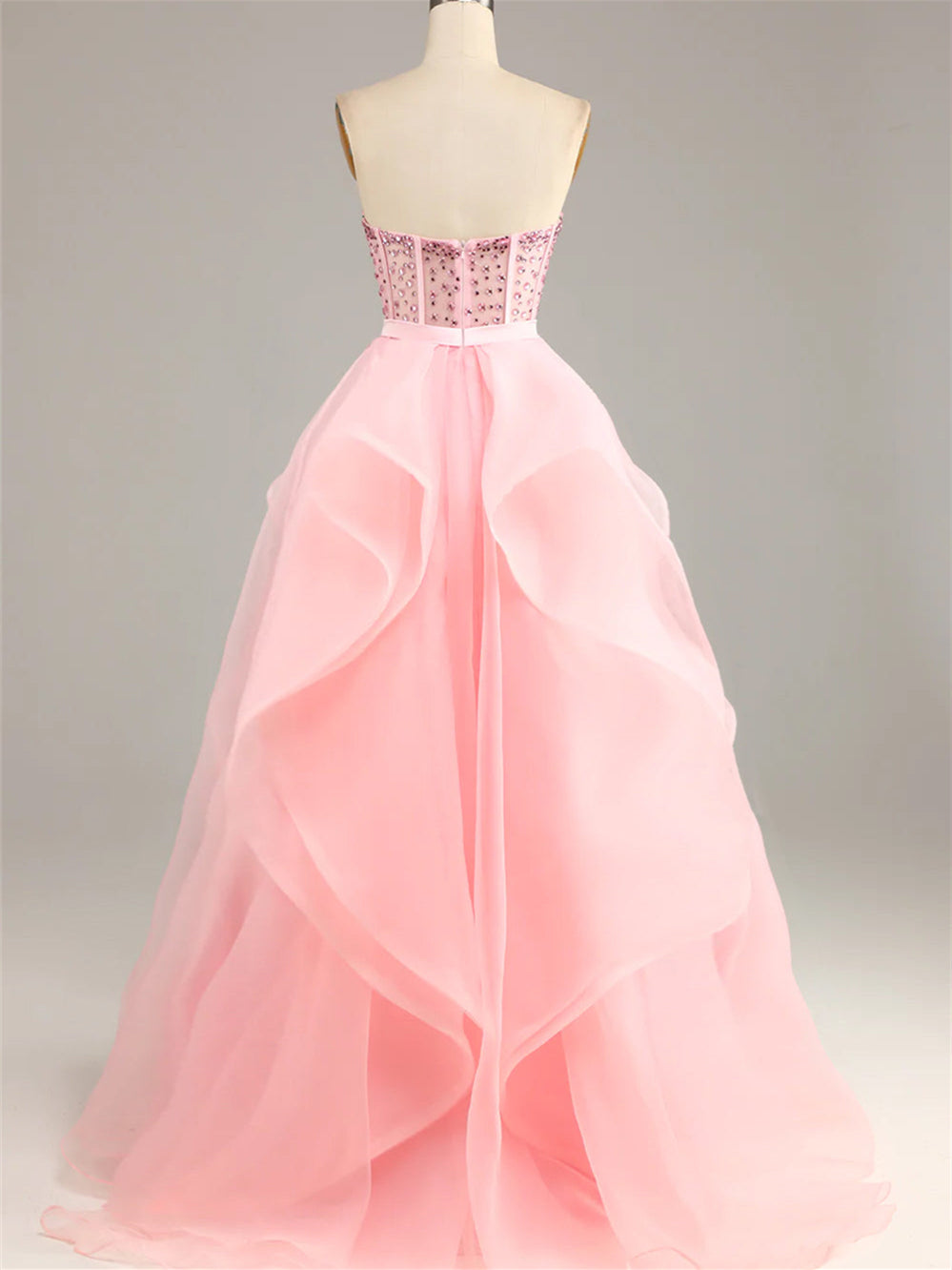 Ball-Gown Strapless Organza Floor-Length Beaded Evening Dress With Beads /Cascading Ruffles BabaMila