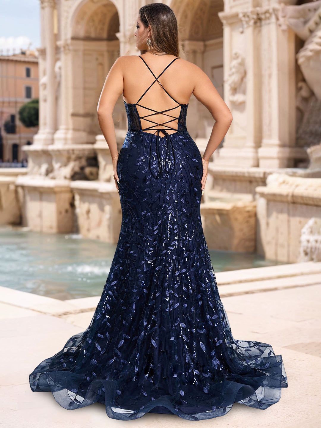 Trumpet/Mermaid V-Neck Floor-length Plus Size Prom Dresses with Split Side/Sequins BabaMila