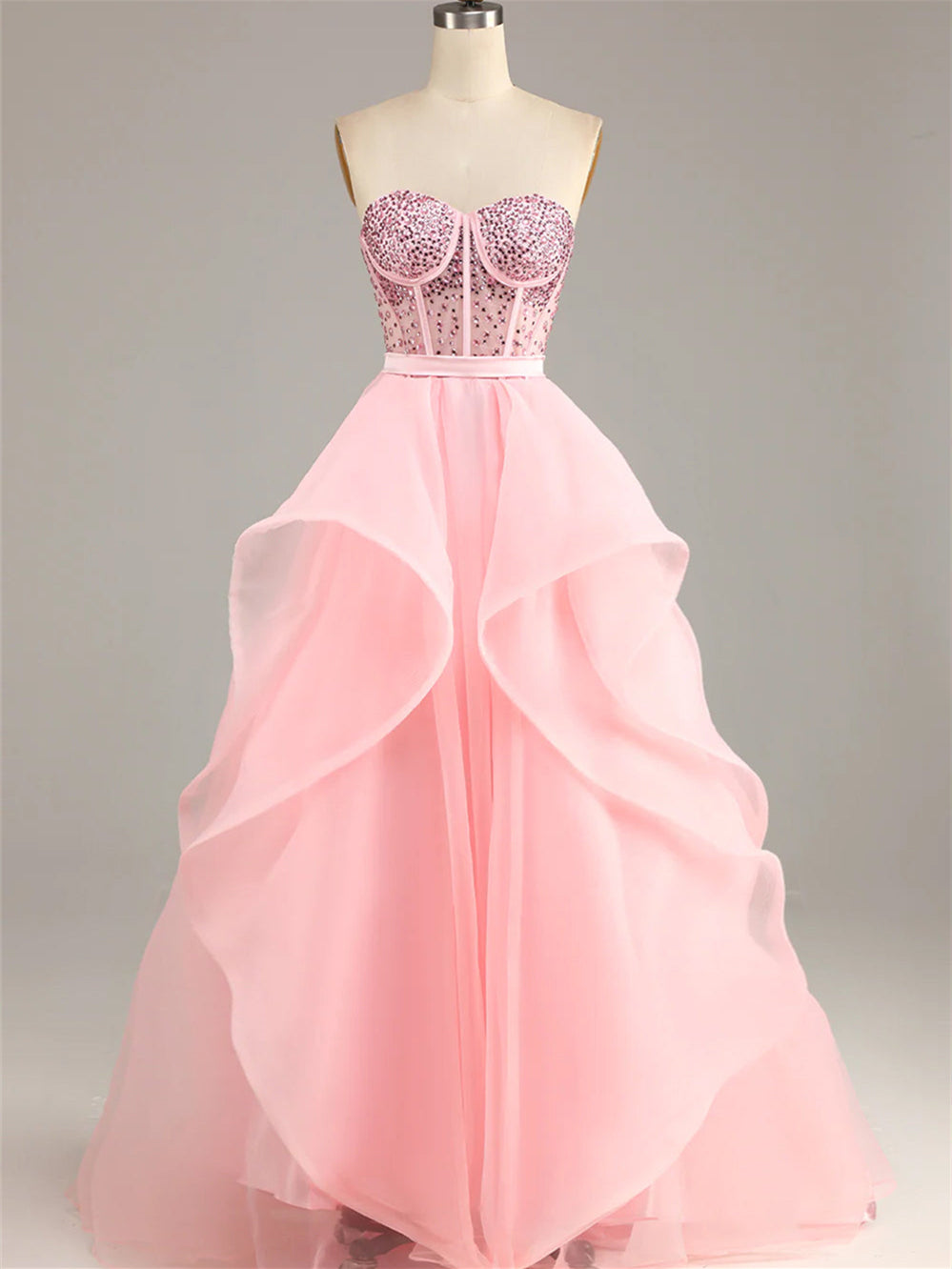 Ball-Gown Strapless Organza Floor-Length Beaded Evening Dress With Beads /Cascading Ruffles BabaMila