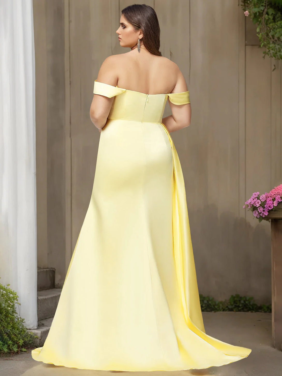 Trumpet/Mermaid Off-the-Shoulder Floor-length Plus Size Satin Prom Dresses with Split Side & Watteau Train BabaMila