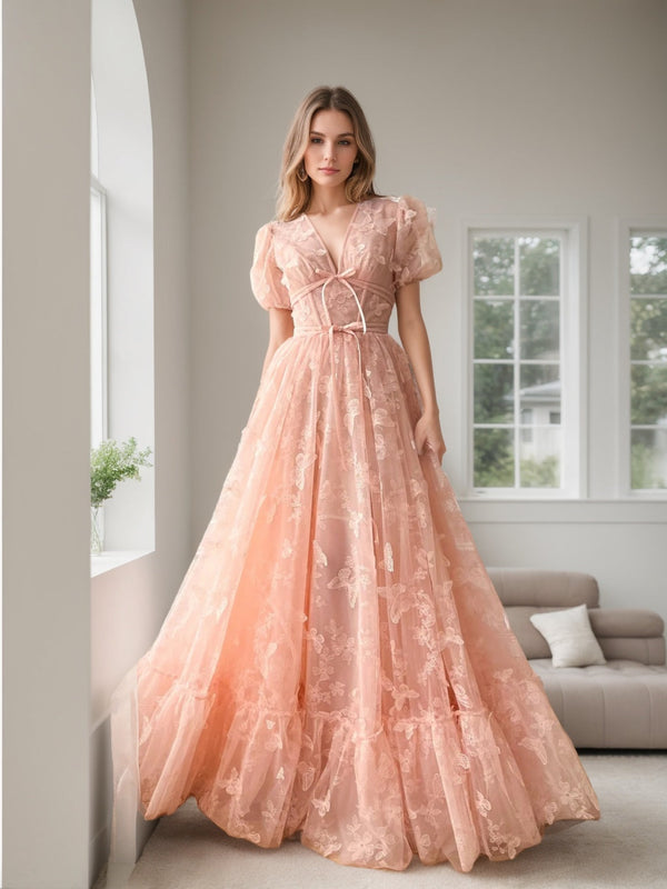 A-Line/Princess V-neck Short Sleeves Floor-length Formal Prom Dresses with Appliques/Ruffled Hem BabaMila