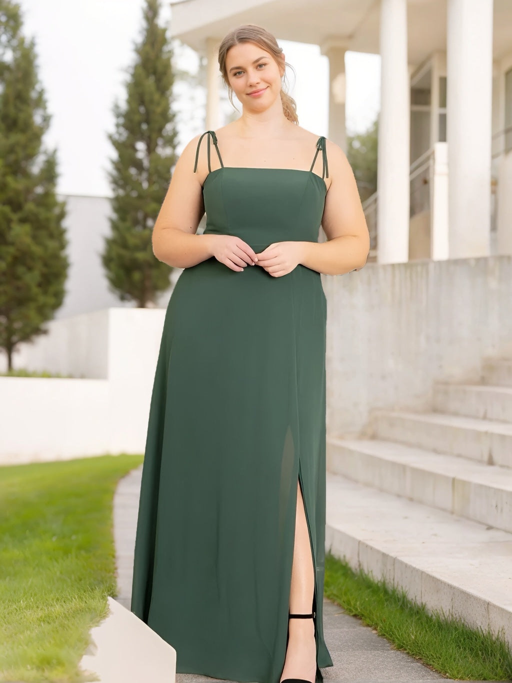 A Line/Princess Spaghetti Straps Sleeveless Floor-Length Unique Plus Size Bridesmaid Dresses with Split Side BabaMila
