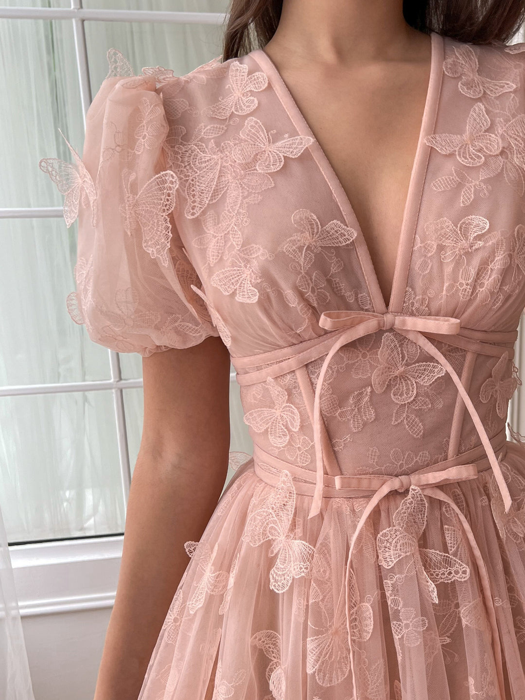 A-Line/Princess V-neck Short Sleeves Floor-length Formal Prom Dresses with Appliques/Ruffled Hem BabaMila