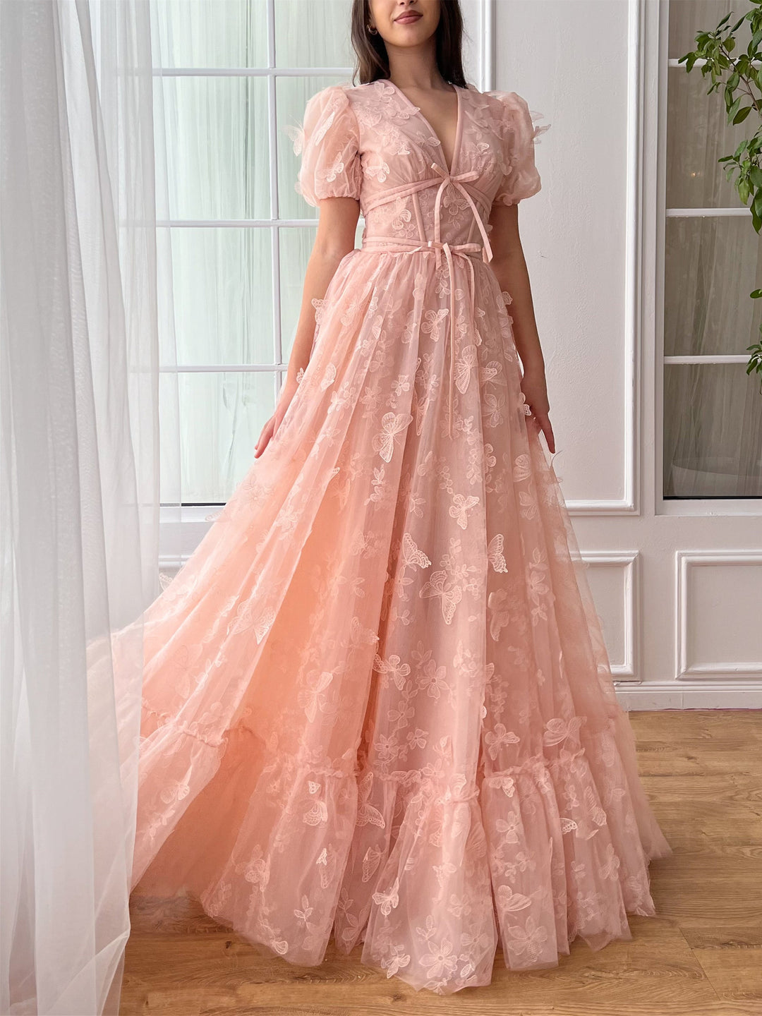 A-Line/Princess V-neck Short Sleeves Floor-length Formal Prom Dresses with Appliques/Ruffled Hem BabaMila