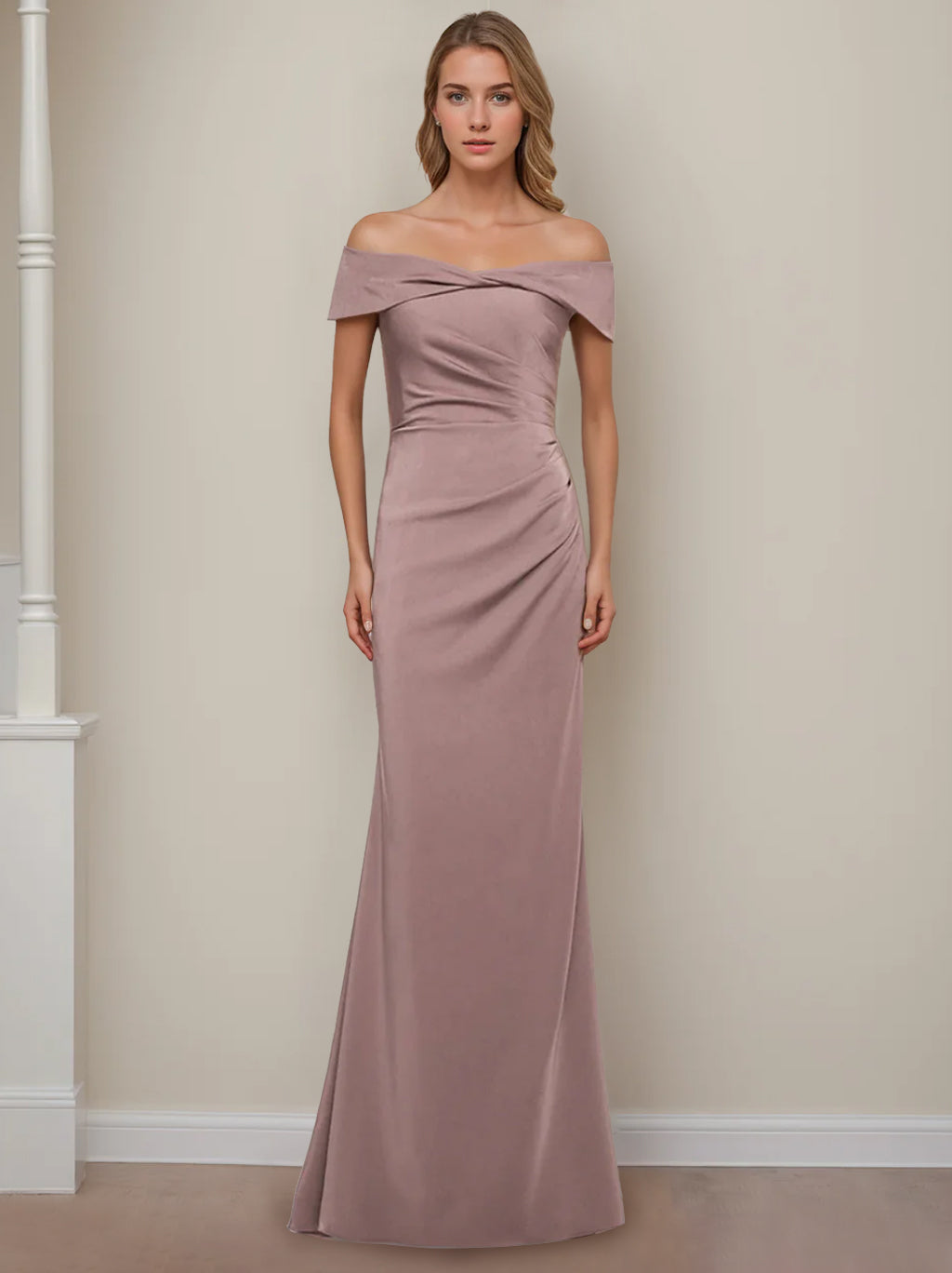 Sheath/Column Off-The-Shoulder Short Sleeves Floor-Length Mother Of The Bride Dresses With Ruffles BabaMila