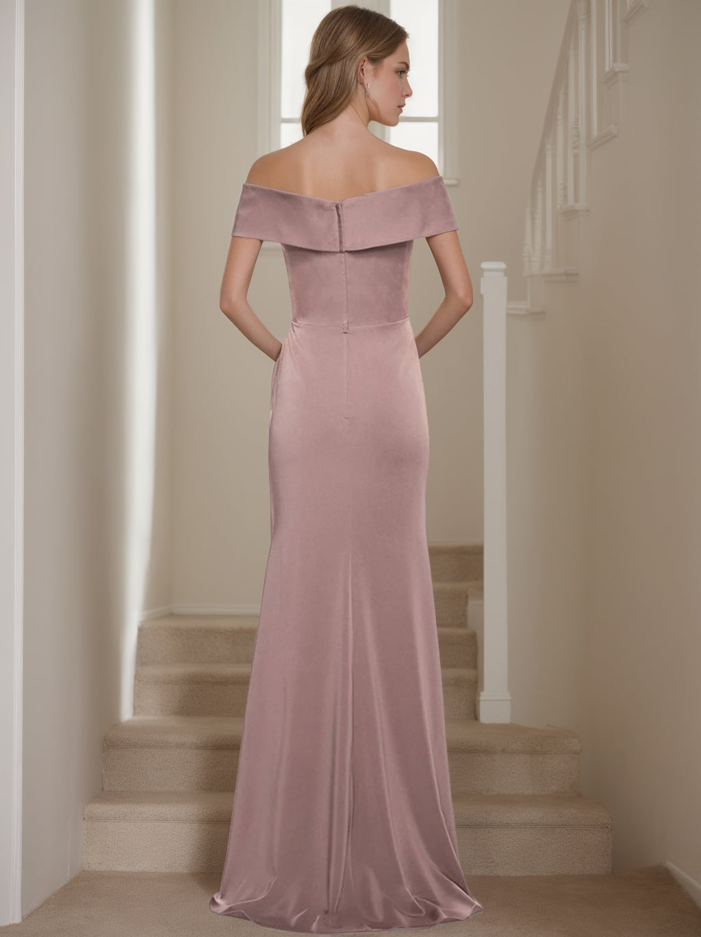 Sheath/Column Off-The-Shoulder Short Sleeves Floor-Length Mother Of The Bride Dresses With Ruffles BabaMila