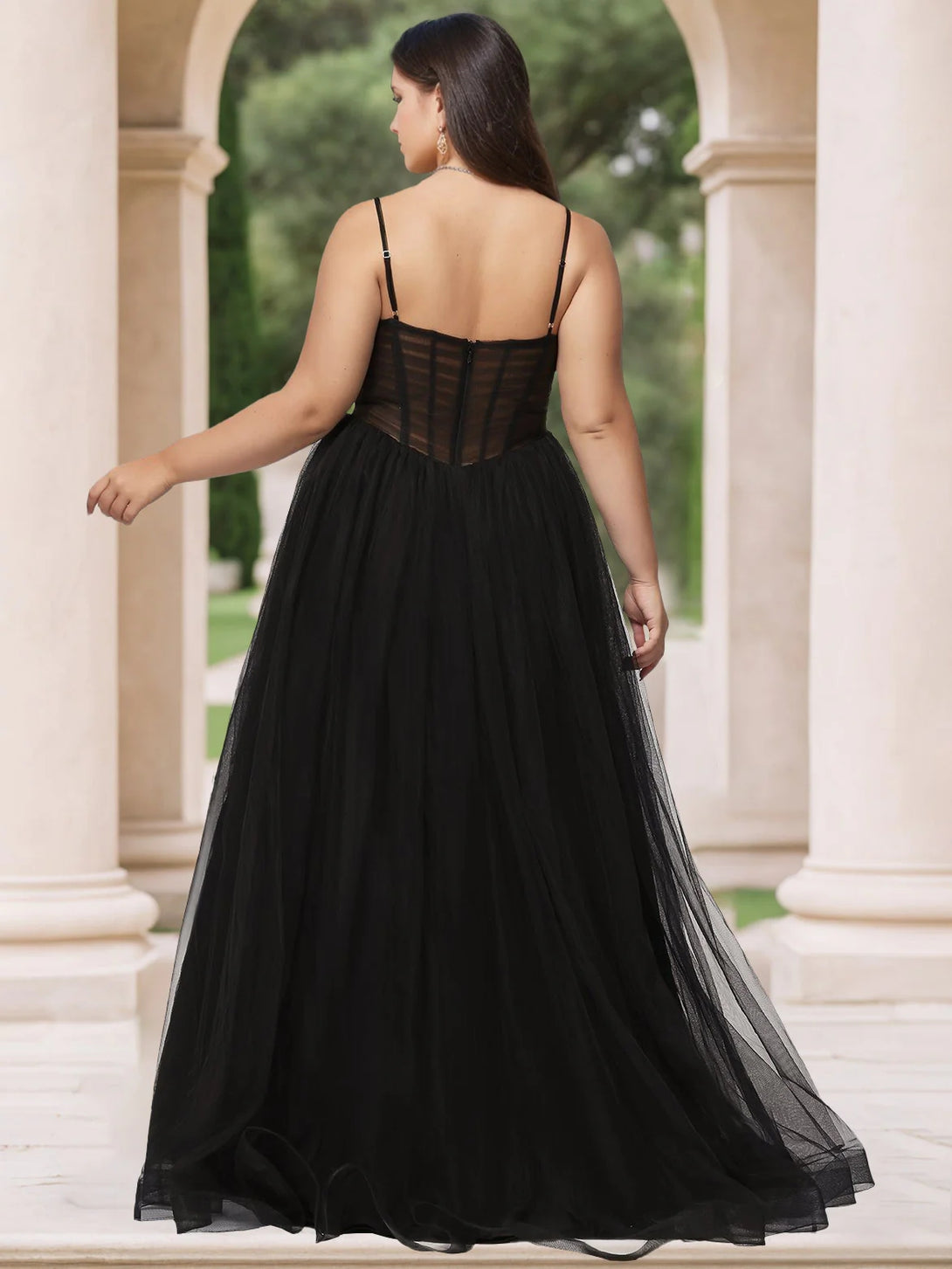 Ball Gown V-Neck Spaghetti Straps Sleeveless Floor-Length Plus Size Tulle Prom Dresses with Pleated BabaMila